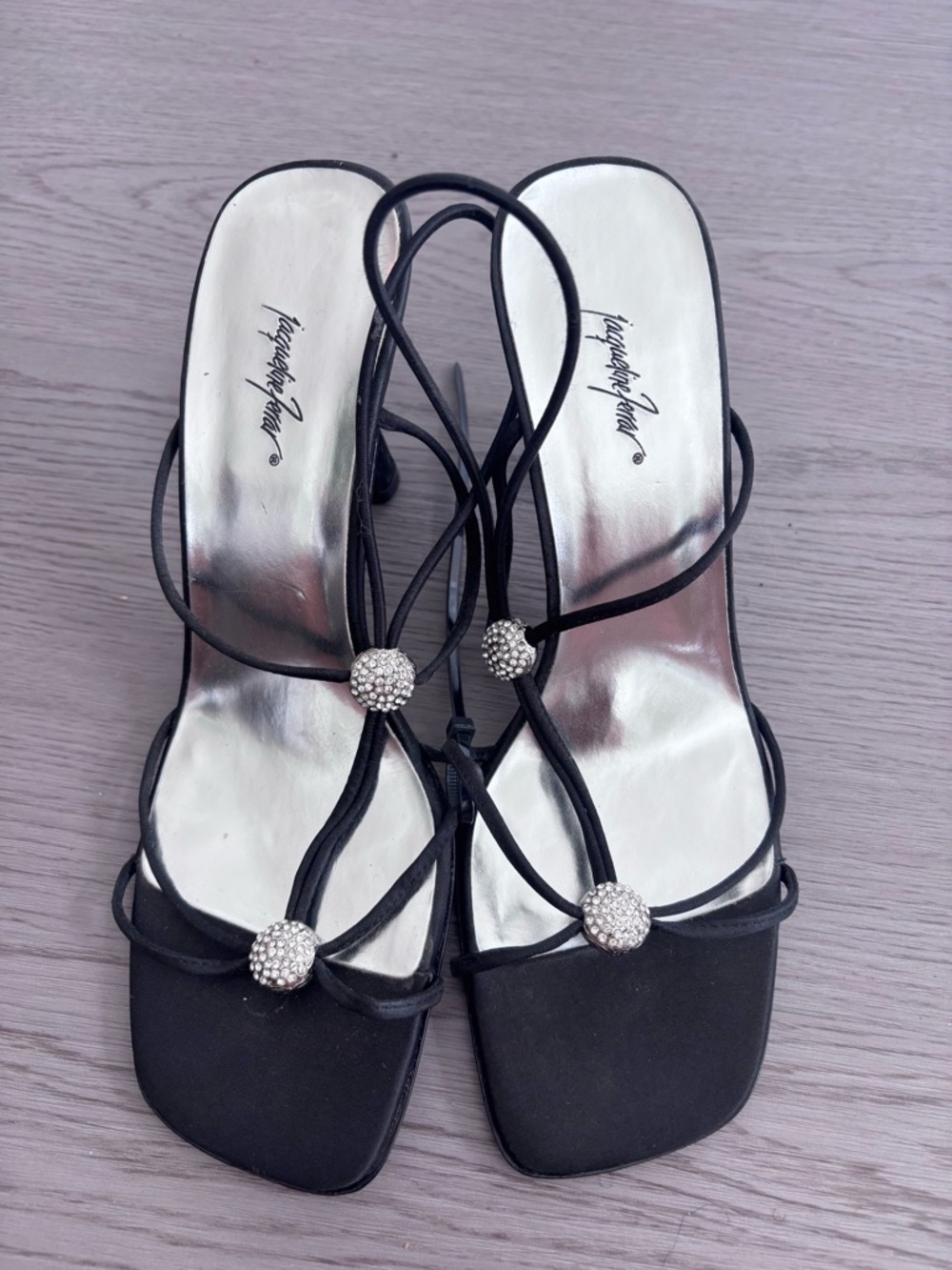 Jacqueline Ferrar Black Strappy Heeled Sandals with Rhinestone Accents